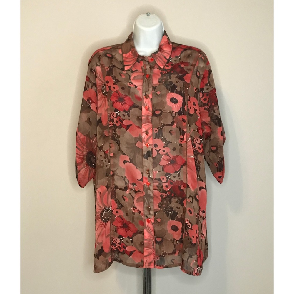 TANJAY FLORAL BUTTON UP COLLAR SIZE 14 BLOUSE